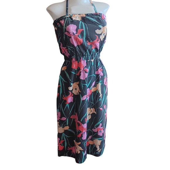 Medium Vintage 70's Sears Floral Halter Dress Elastic Waist Tie Back Flowers - Picture 1 of 9